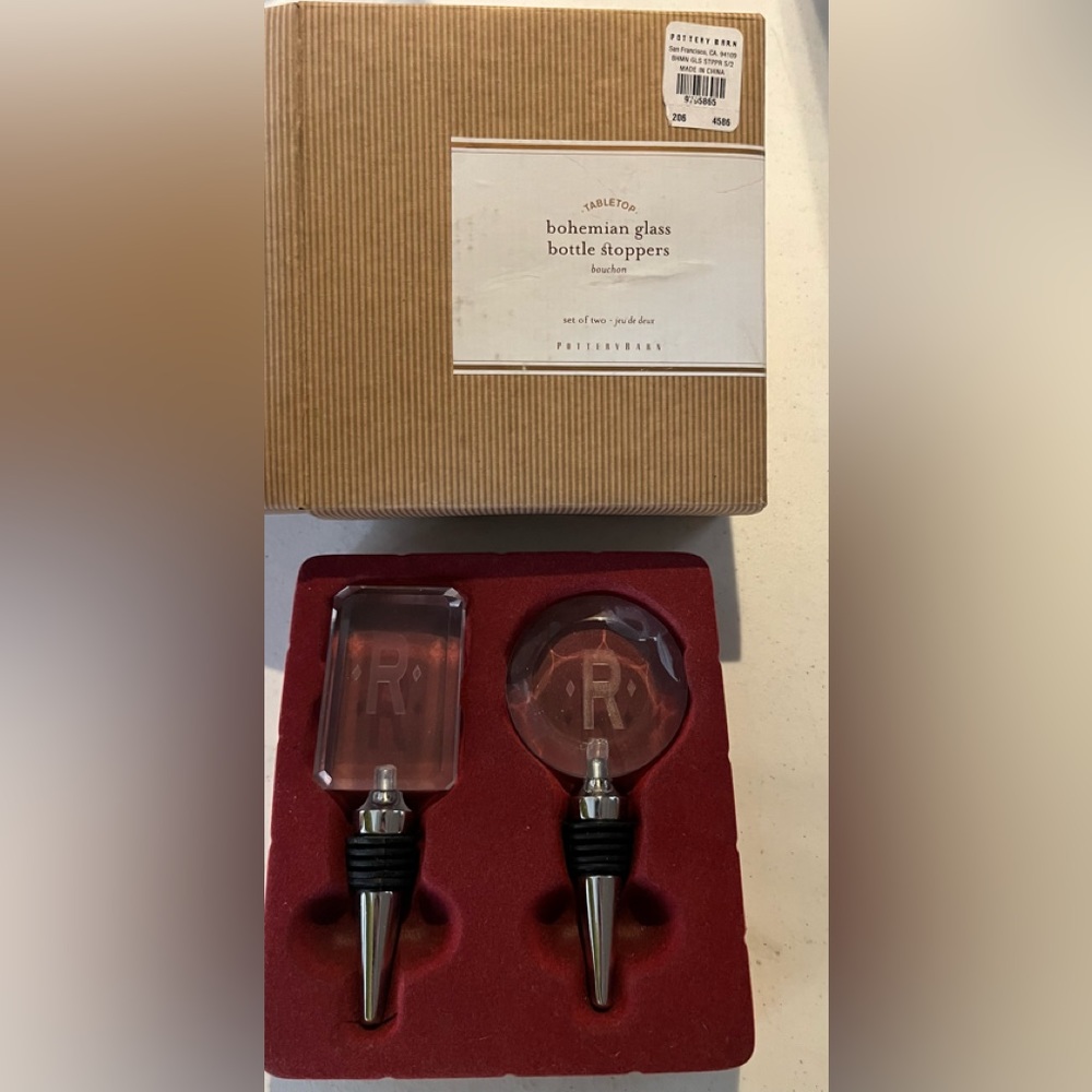 NIB Pottery Barn Tabletop Bohemian Glass “R” cut glass bottle stopper set.